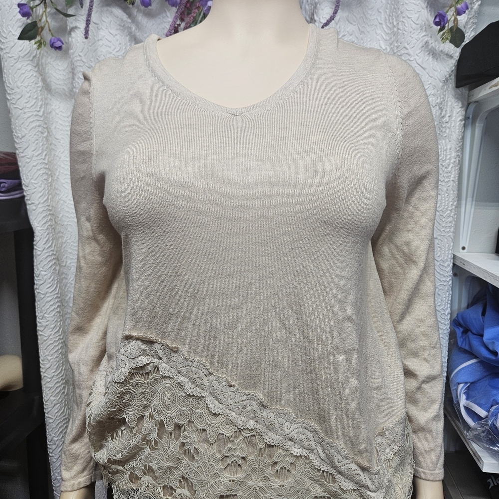 Chico's Asymmetrical Embellished Tan and Cream Blouse